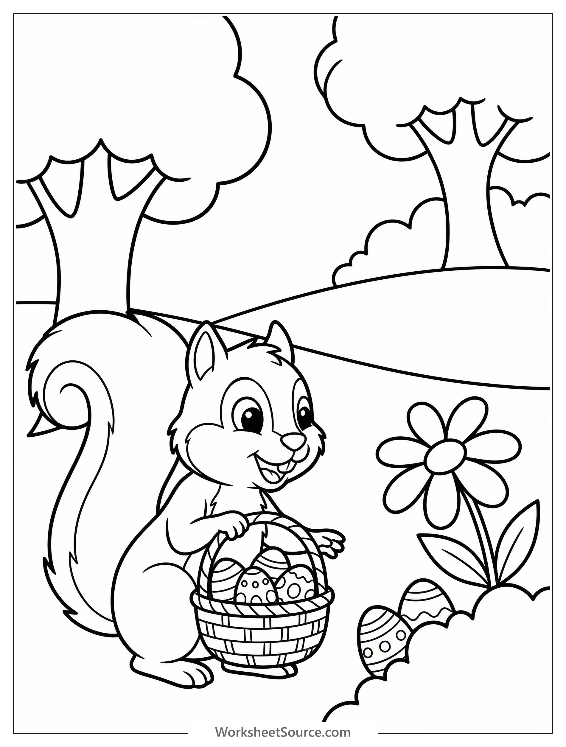 Black and white coloring page showing a happy squirrel holding a decorated Easter egg, surrounded by more hidden eggs and springtime flowers in a garden.