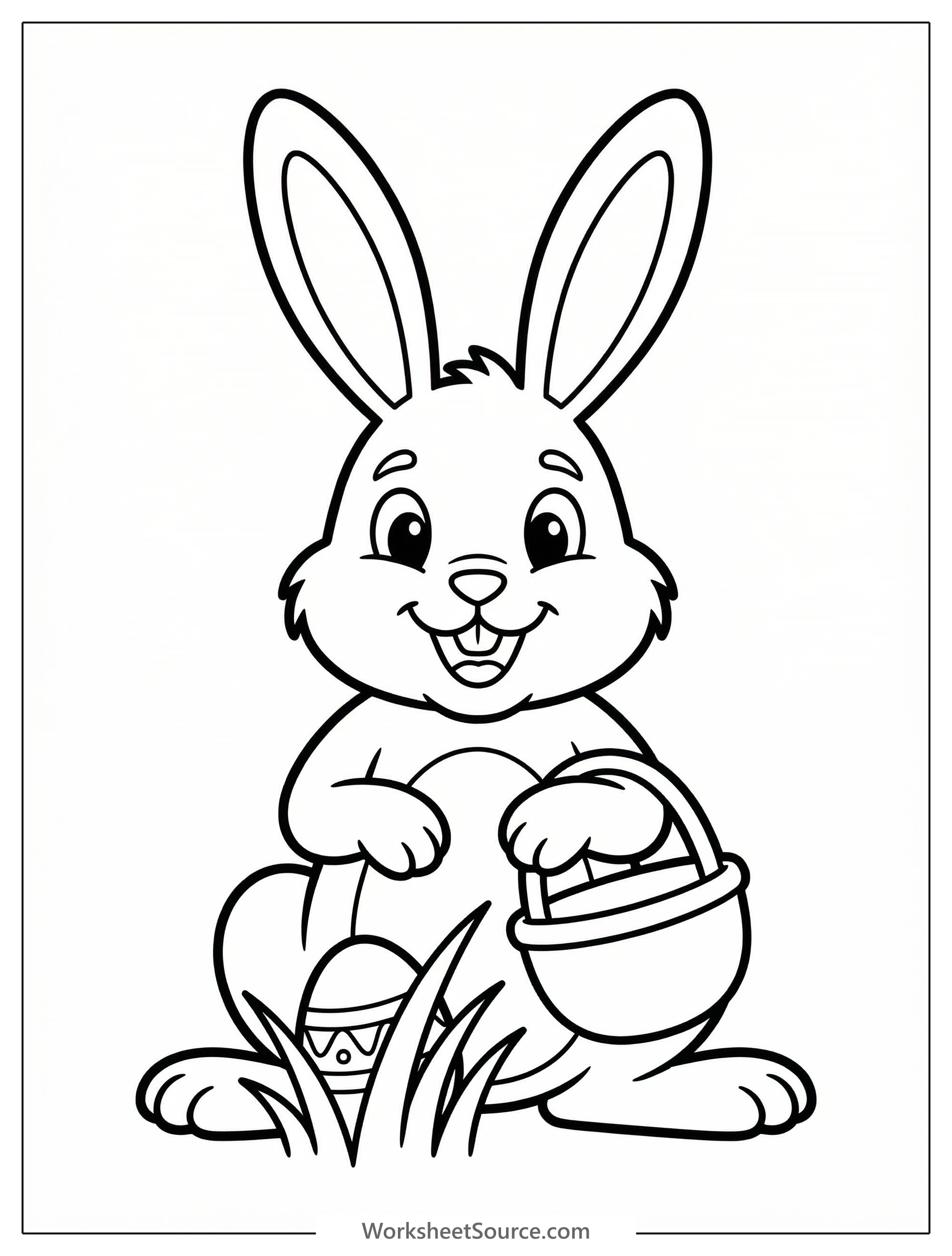 A clear black and white line art coloring page depicting a single golden Easter egg partially hidden in tall grass, ready for creative coloring.