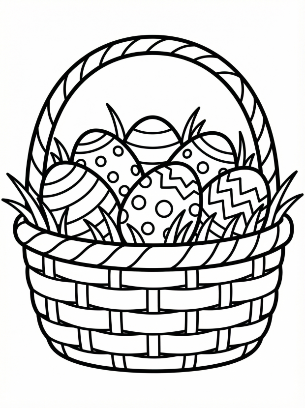 Free printable coloring page showing a basket filled with decorated Easter eggs and grass, perfect for kids to practice color choices and fine motor skills
