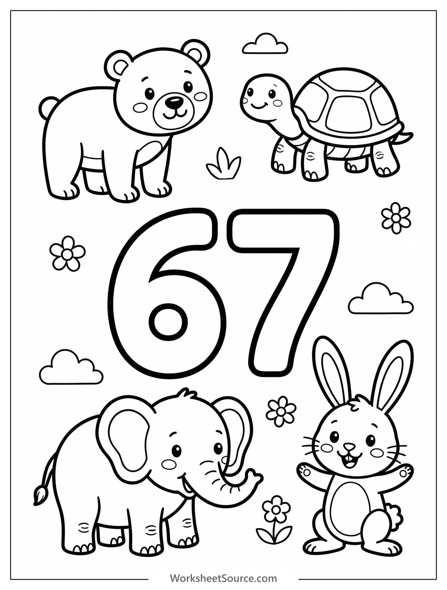 A large, bold number 67 designed for coloring, surrounded by a delightful collection of cute animals including a fox, rabbit, owl, and bird.