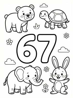 A large, bold number 67 designed for coloring, surrounded by a delightful collection of cute animals including a fox, rabbit, owl, and bird.