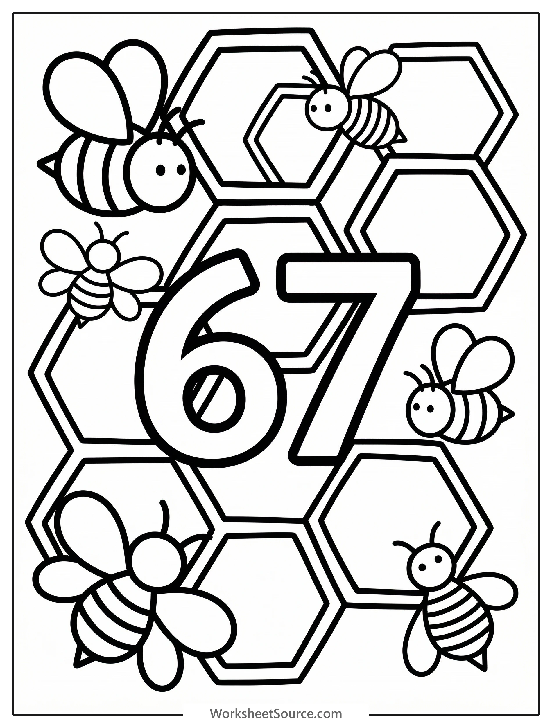 Bold outline of the number 67 with cheerful cartoon bees buzzing around intricate honeycomb patterns, ready for colorful embellishment.