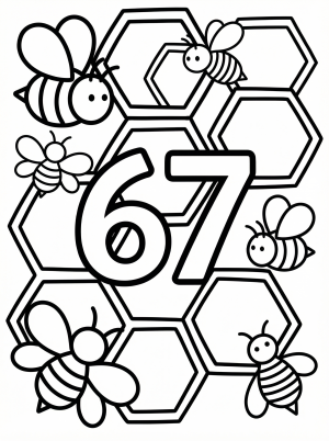 Bold outline of the number 67 with cheerful cartoon bees buzzing around intricate honeycomb patterns, ready for colorful embellishment.