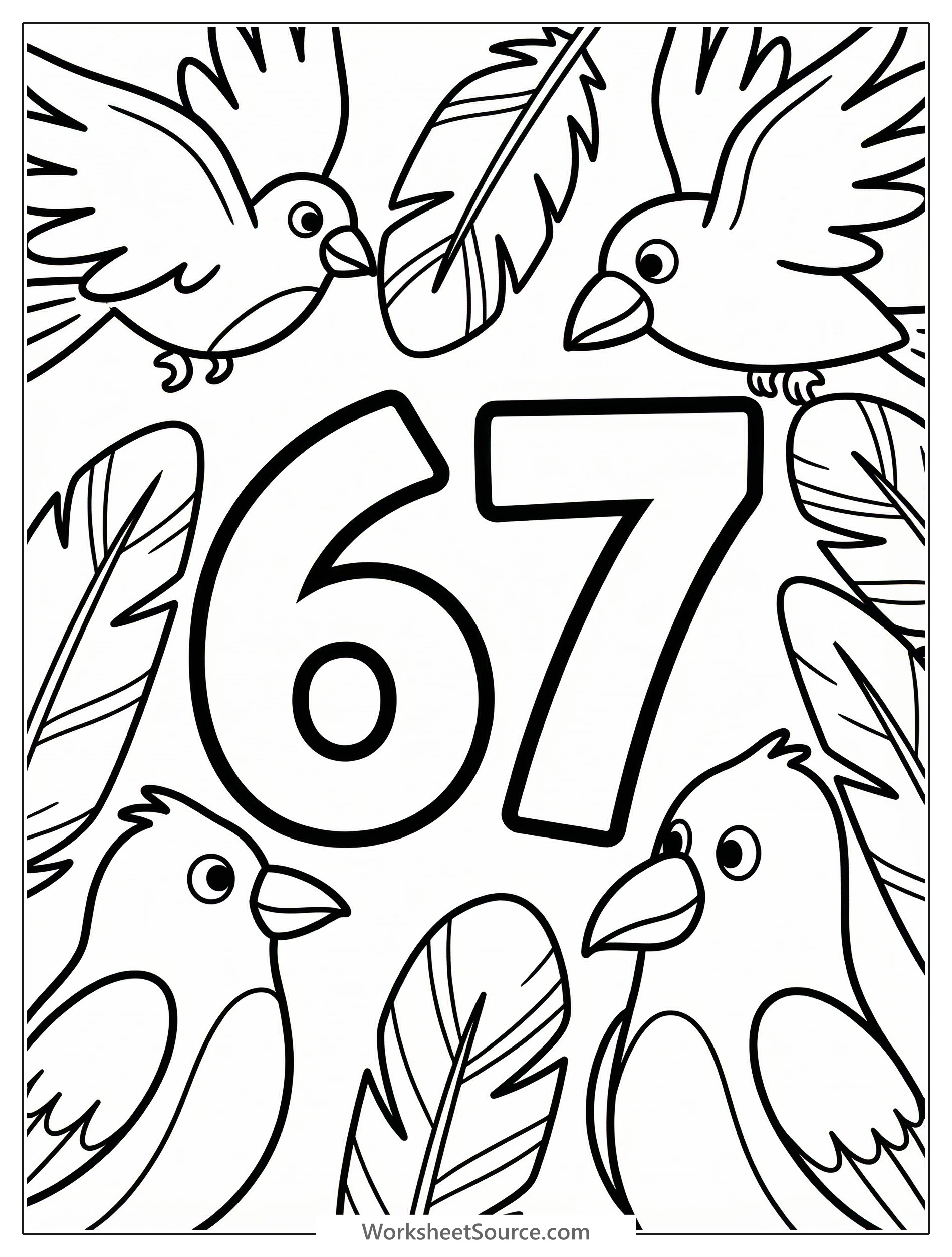 A large, bold number 67 with various birds flying and perched, surrounded by scattered feathers, all outlined for coloring.