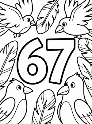 A large, bold number 67 with various birds flying and perched, surrounded by scattered feathers, all outlined for coloring.