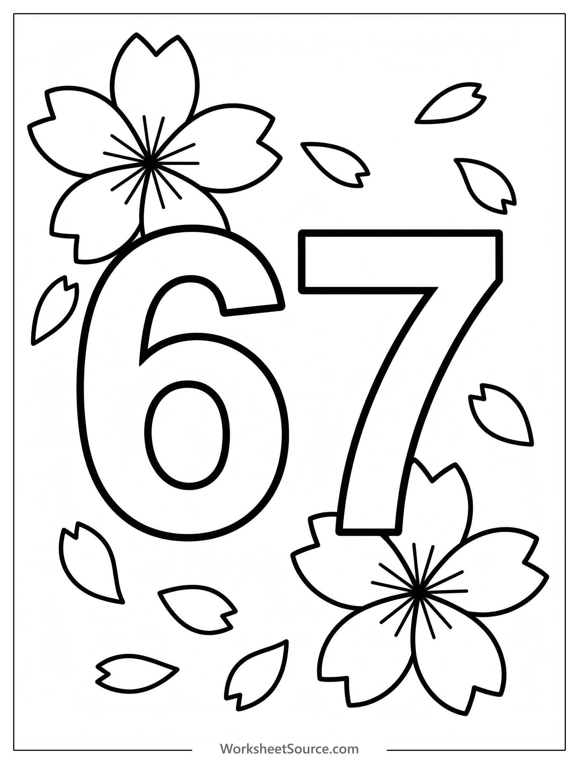 Large bold number 67 for coloring surrounded by delicate cherry blossoms and falling petals, ready for a fun and educational activity.