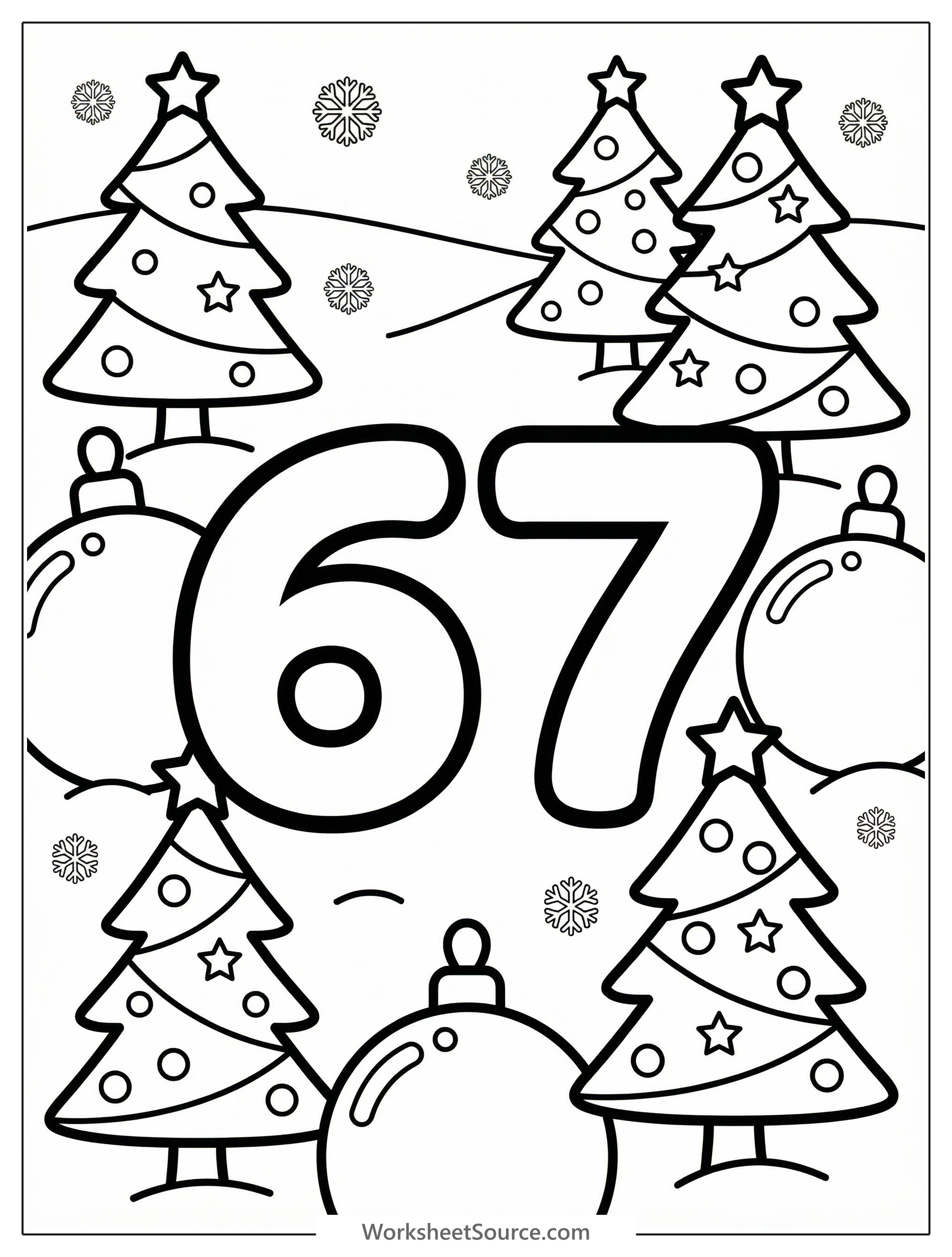 Large bold number 67 coloring page with festive Christmas trees, stars, and various ornaments surrounding it. Ready for creative coloring.