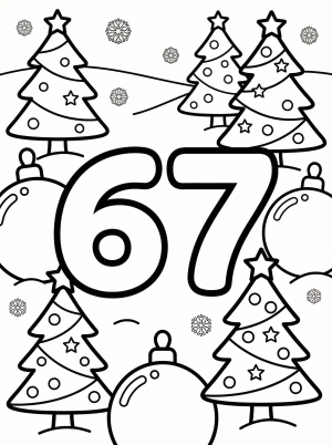 Large bold number 67 coloring page with festive Christmas trees, stars, and various ornaments surrounding it. Ready for creative coloring.