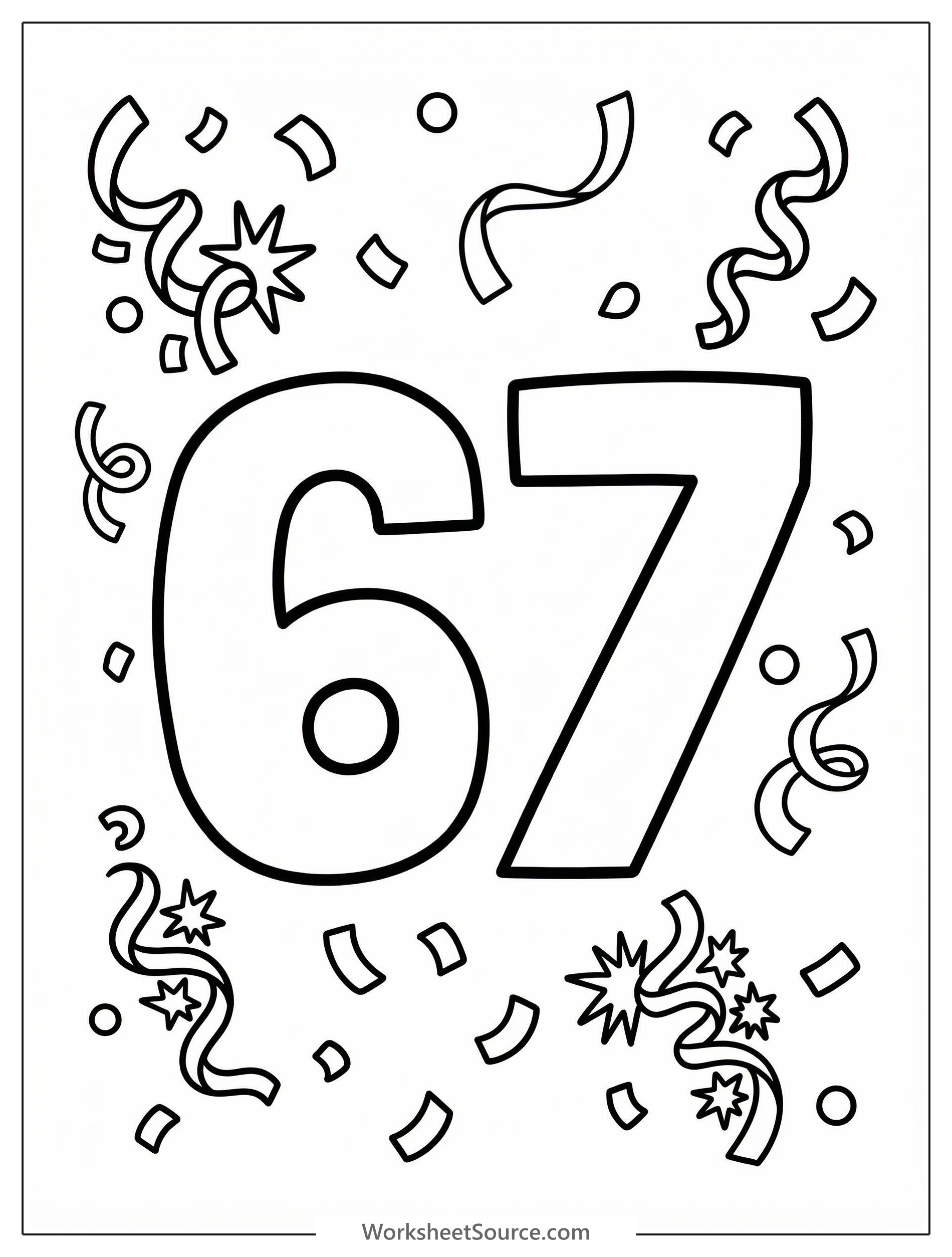 Large, bold outline of the number 67, ready for coloring, surrounded by a festive design of flowing streamers and scattered confetti. Ideal for a fun learning activity.
