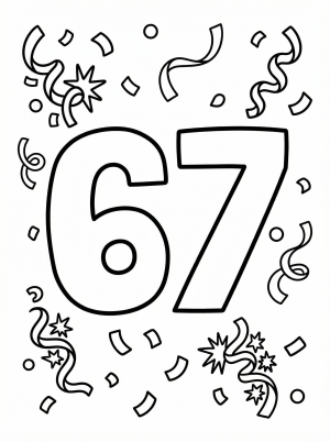 Large, bold outline of the number 67, ready for coloring, surrounded by a festive design of flowing streamers and scattered confetti. Ideal for a fun learning activity.