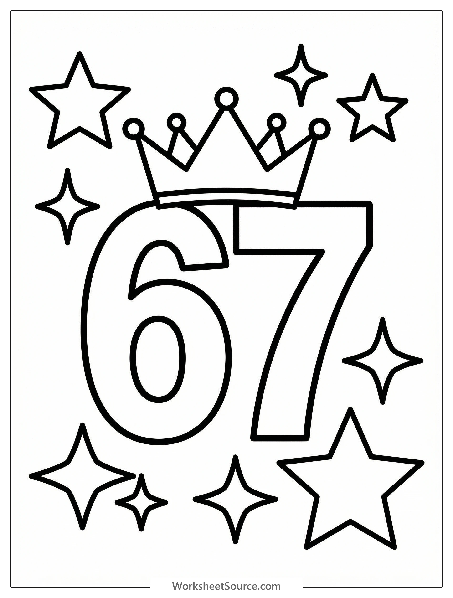 A large, bold number 67 with a decorative crown on top, surrounded by sparkling stars and dots, outlined for coloring. Clear lines and ample space for easy filling.