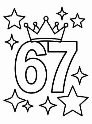 A large, bold number 67 with a decorative crown on top, surrounded by sparkling stars and dots, outlined for coloring. Clear lines and ample space for easy filling.