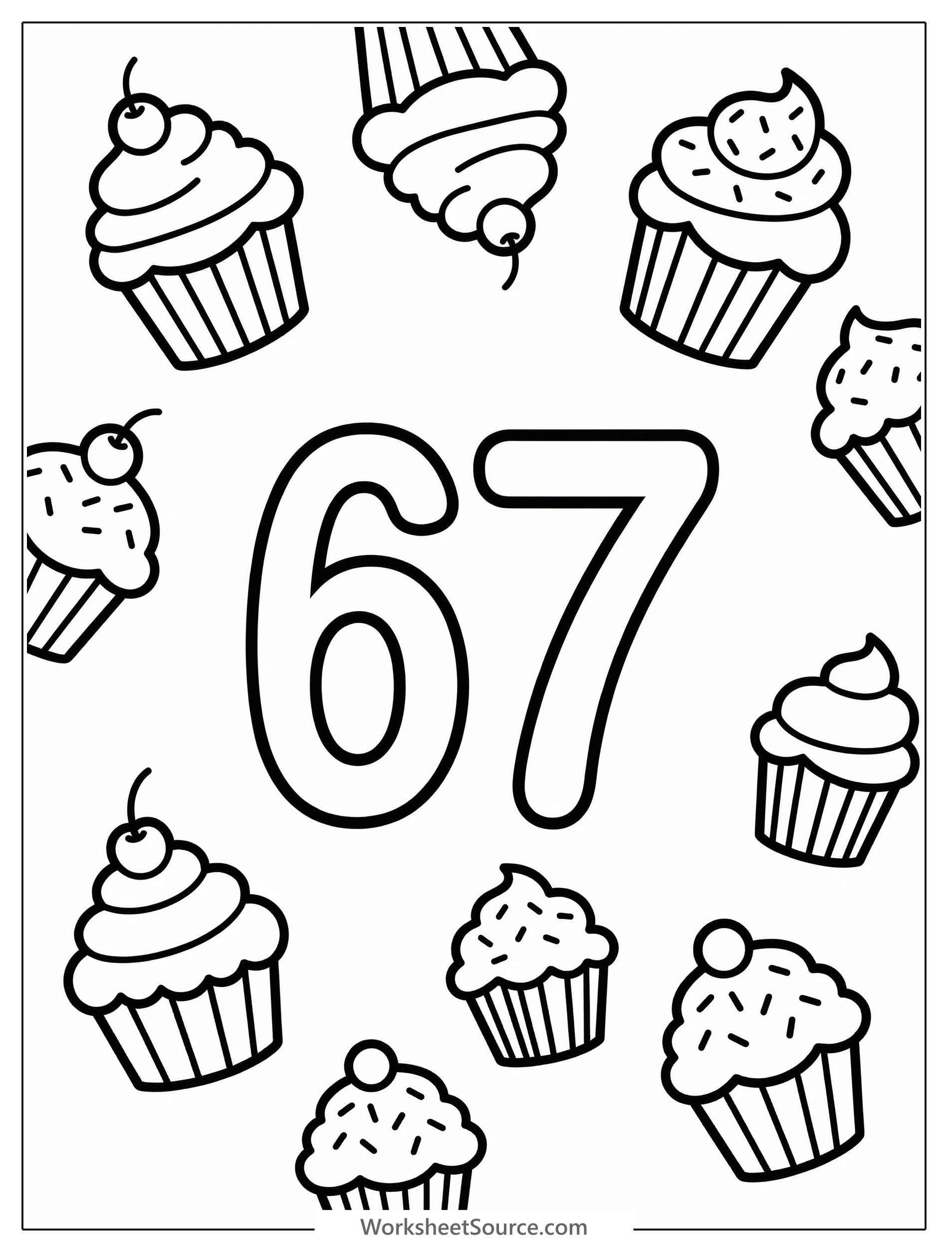 Large bold number 67 outlined for coloring, surrounded by multiple detailed cupcakes with frosting and sprinkles, ready for creative expression.