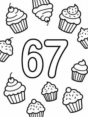 Large bold number 67 outlined for coloring, surrounded by multiple detailed cupcakes with frosting and sprinkles, ready for creative expression.