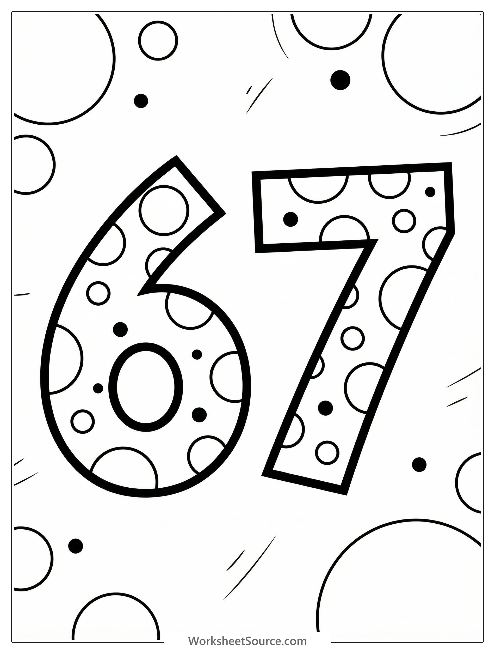 A large, bold number 67 outlined for coloring, surrounded by various sizes of polka dots and circles, set against a plain background.
