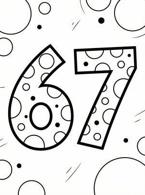 A large, bold number 67 outlined for coloring, surrounded by various sizes of polka dots and circles, set against a plain background.