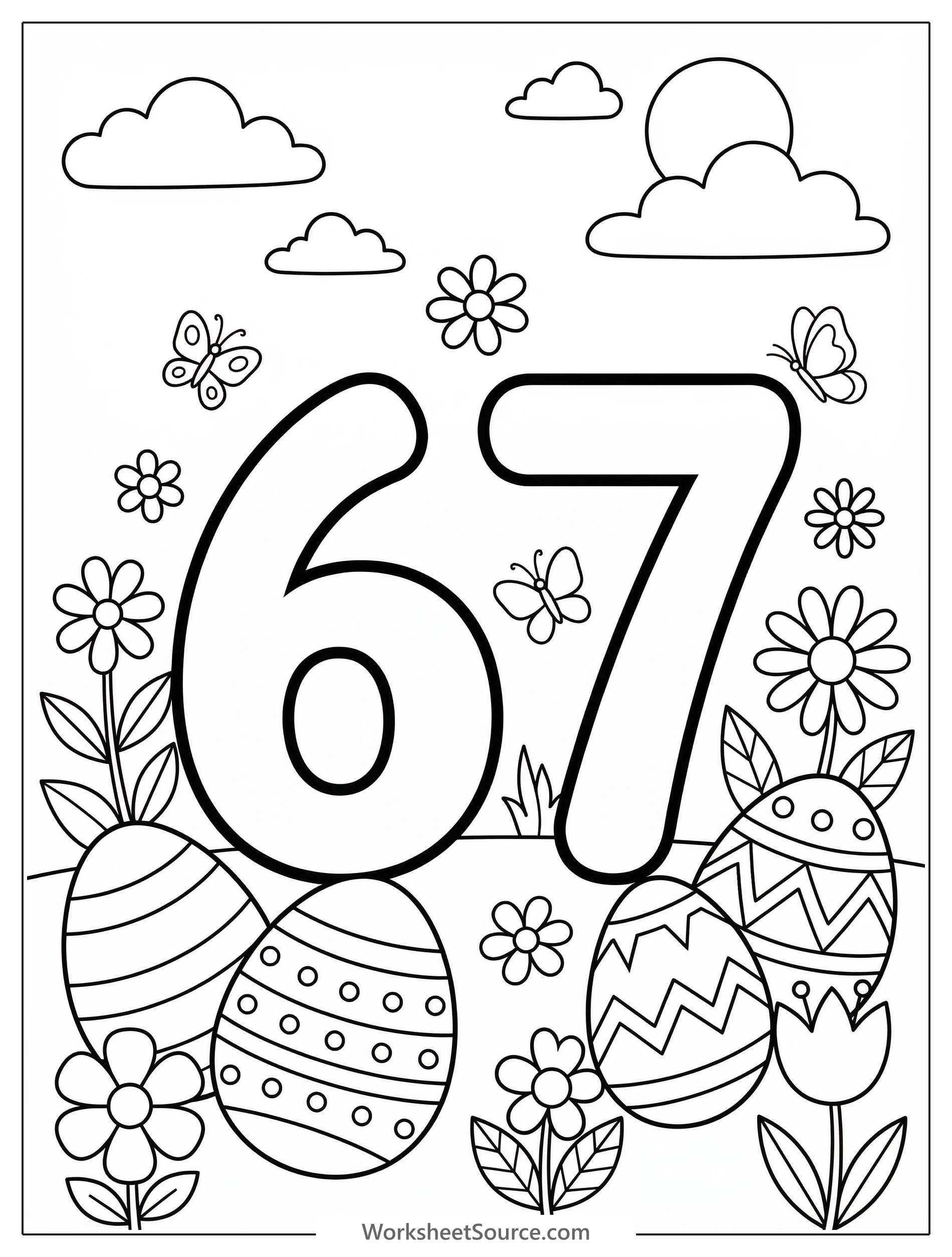 Large bold number 67 ready for coloring, surrounded by decorative Easter eggs, playful chicks, spring flowers, and blooming tulips against a bright, cheerful background.