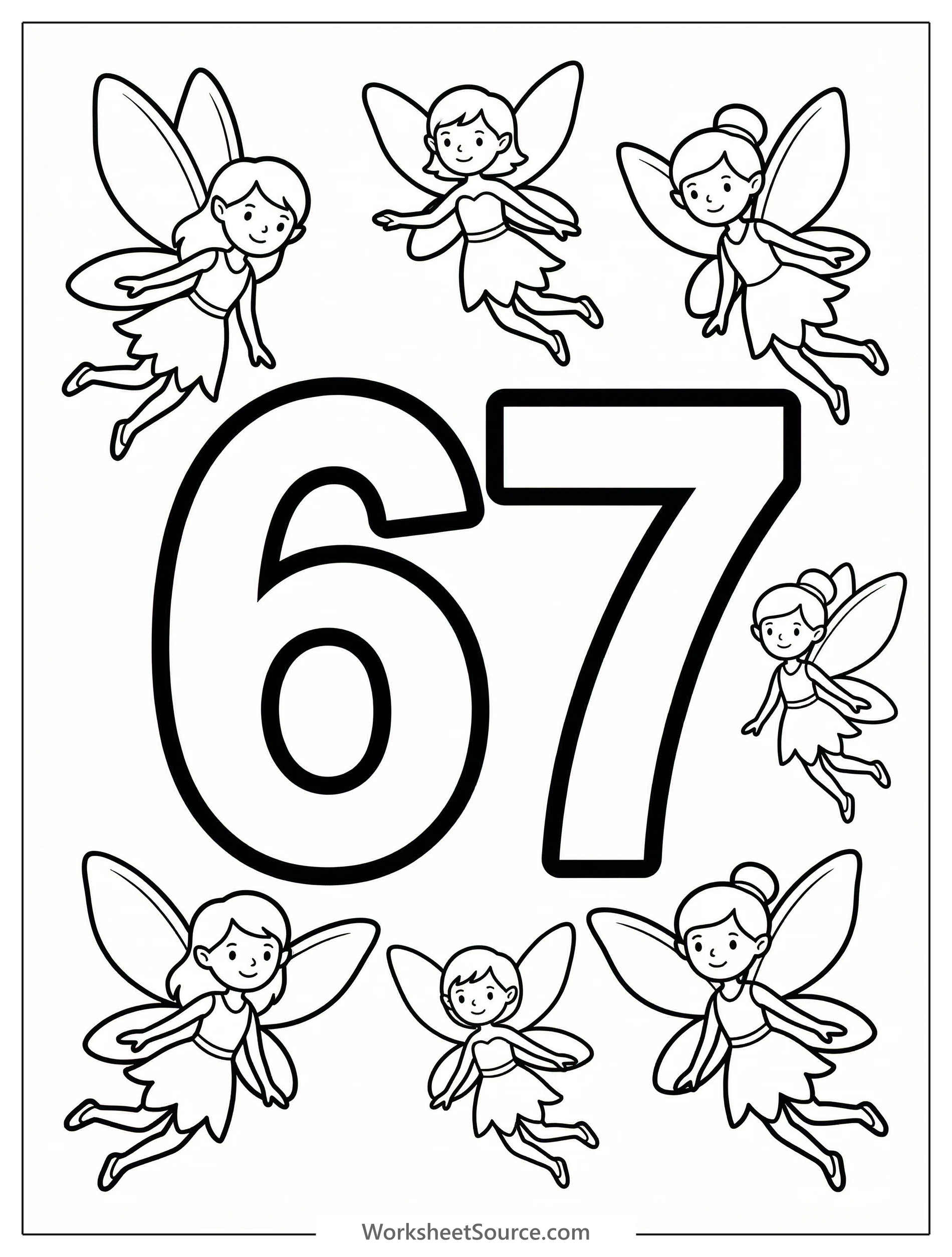 A large, bold number 67 ready for coloring, surrounded by whimsical fairies with intricate wings, perfect for creative and educational activity.