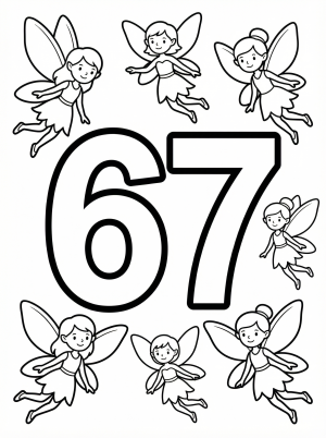 A large, bold number 67 ready for coloring, surrounded by whimsical fairies with intricate wings, perfect for creative and educational activity.