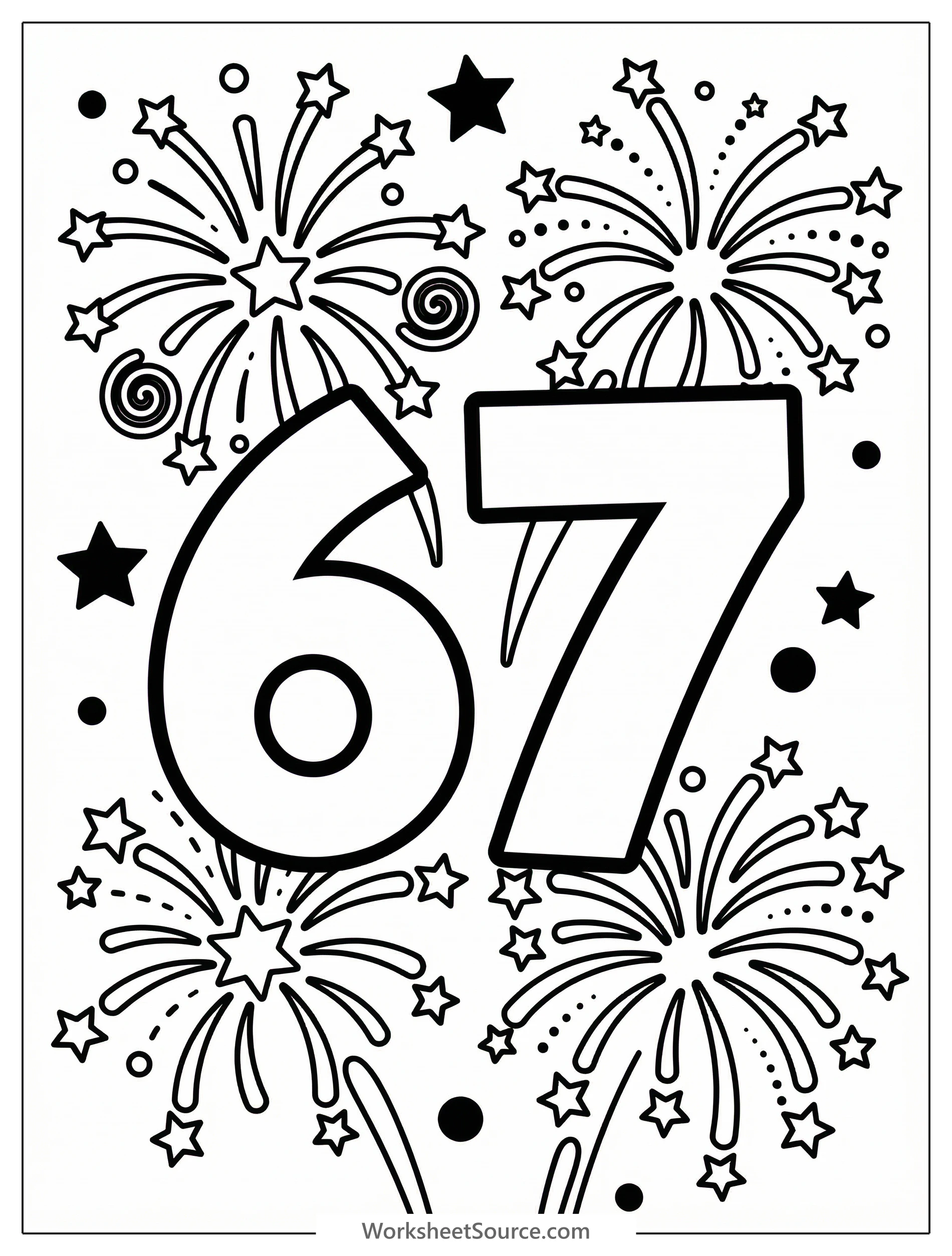 A large bold number 67 for coloring, surrounded by exploding fireworks and twinkling sparkles, set against a dark sky.