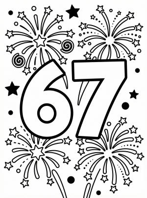 A large bold number 67 for coloring, surrounded by exploding fireworks and twinkling sparkles, set against a dark sky.