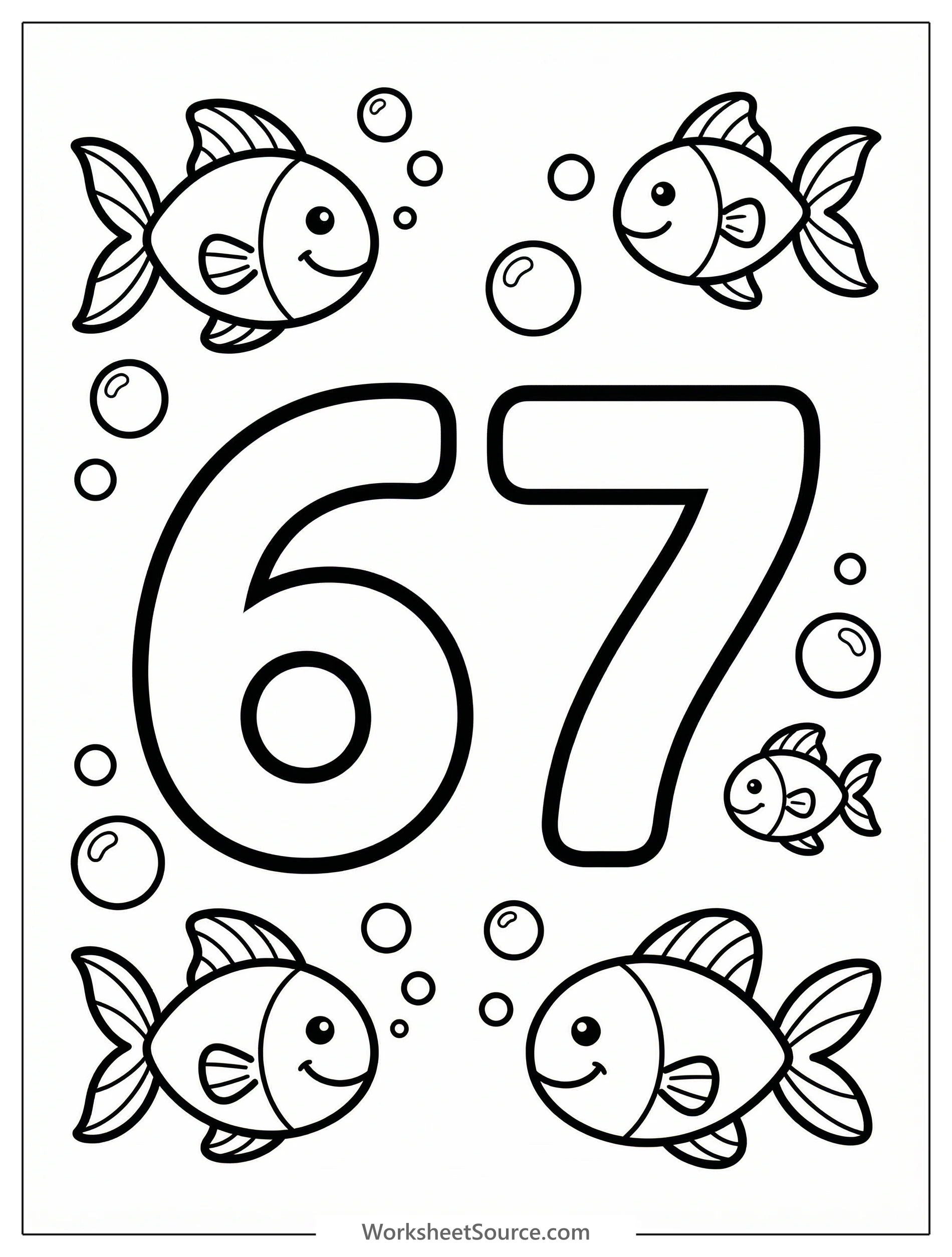 Large bold number 67 for coloring, surrounded by three friendly fish swimming and various sizes of bubbles, all outlined clearly.