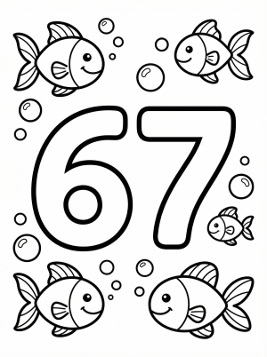 Large bold number 67 for coloring, surrounded by three friendly fish swimming and various sizes of bubbles, all outlined clearly.
