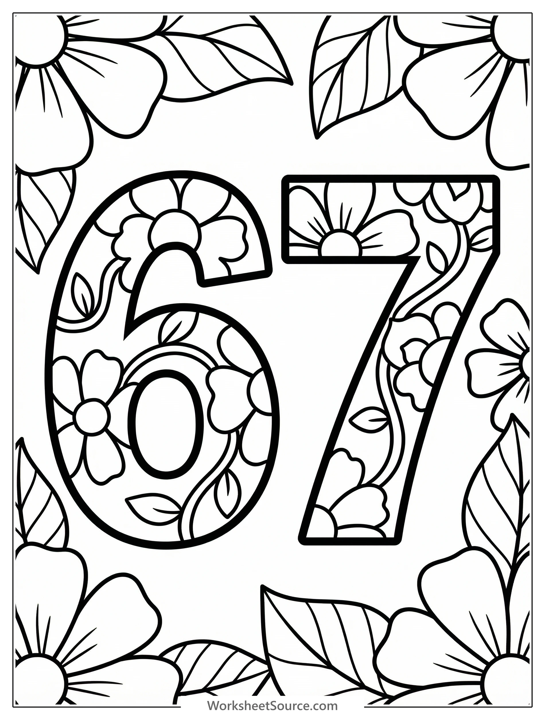 Bold number 67 outlined for coloring, surrounded by various detailed flowers and leaves ready for vibrant artistic expression. Educational printable.