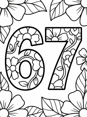 Bold number 67 outlined for coloring, surrounded by various detailed flowers and leaves ready for vibrant artistic expression. Educational printable.