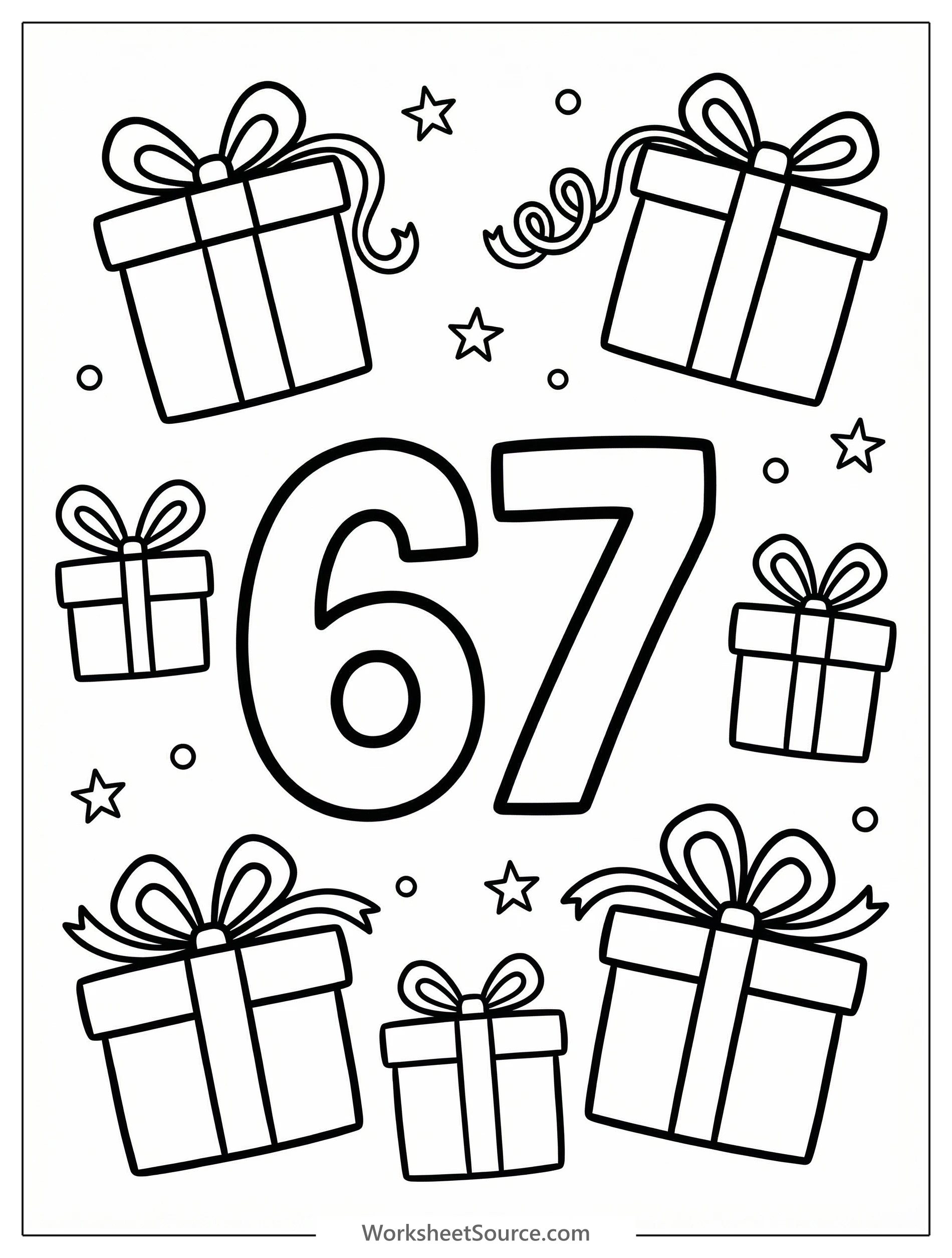 A large bold number 67 coloring page decorated with various gift boxes, some open, tied with ribbons, ready for creative coloring.