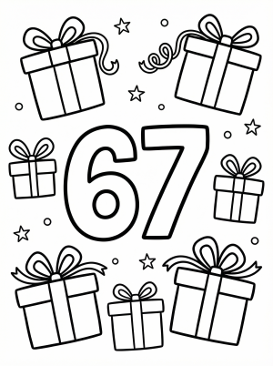 A large bold number 67 coloring page decorated with various gift boxes, some open, tied with ribbons, ready for creative coloring.