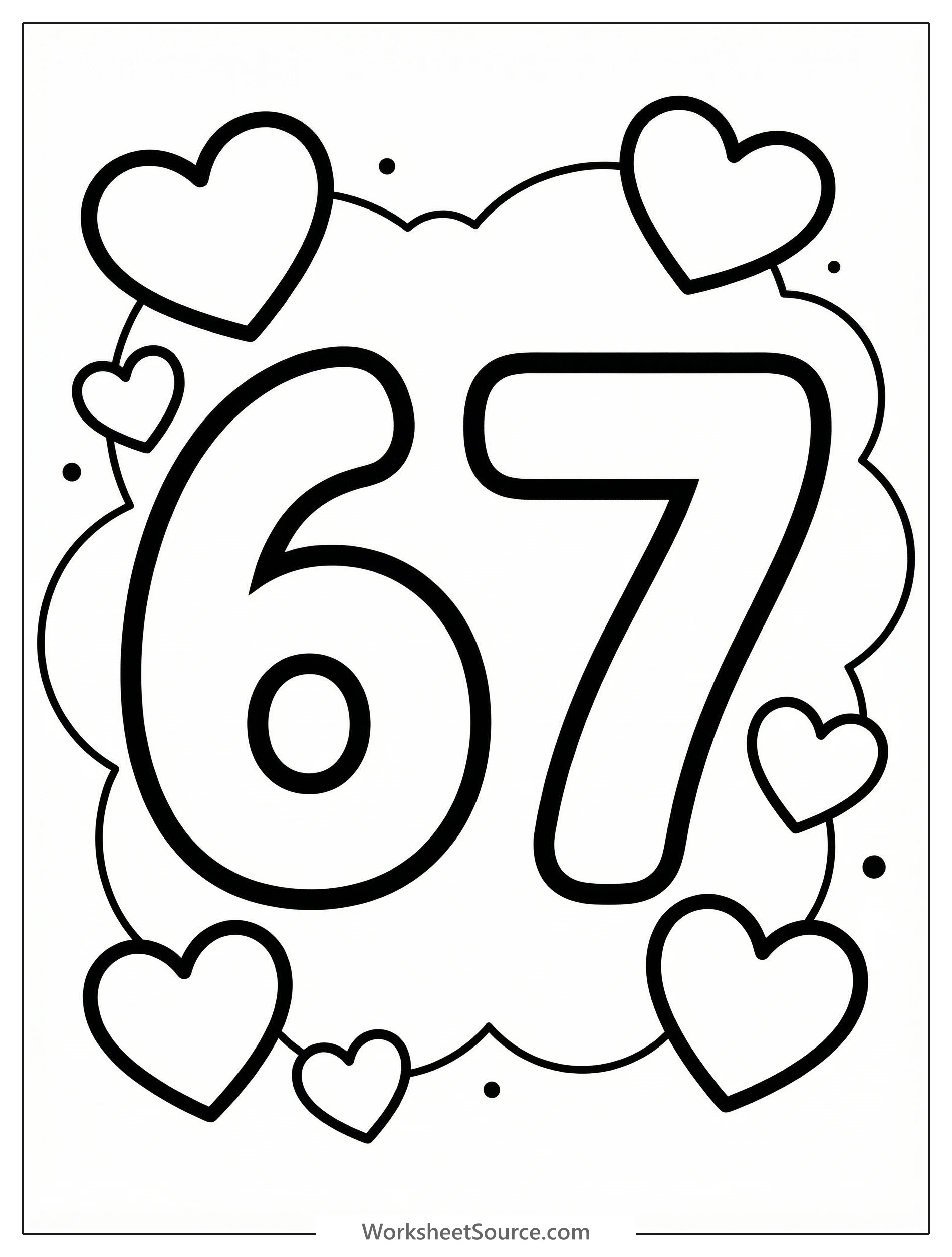 Large bold number 67 outlined for coloring, surrounded by various sizes of hearts and playful patterns, set against a white background.