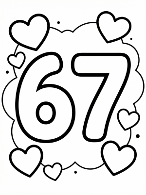 Large bold number 67 outlined for coloring, surrounded by various sizes of hearts and playful patterns, set against a white background.