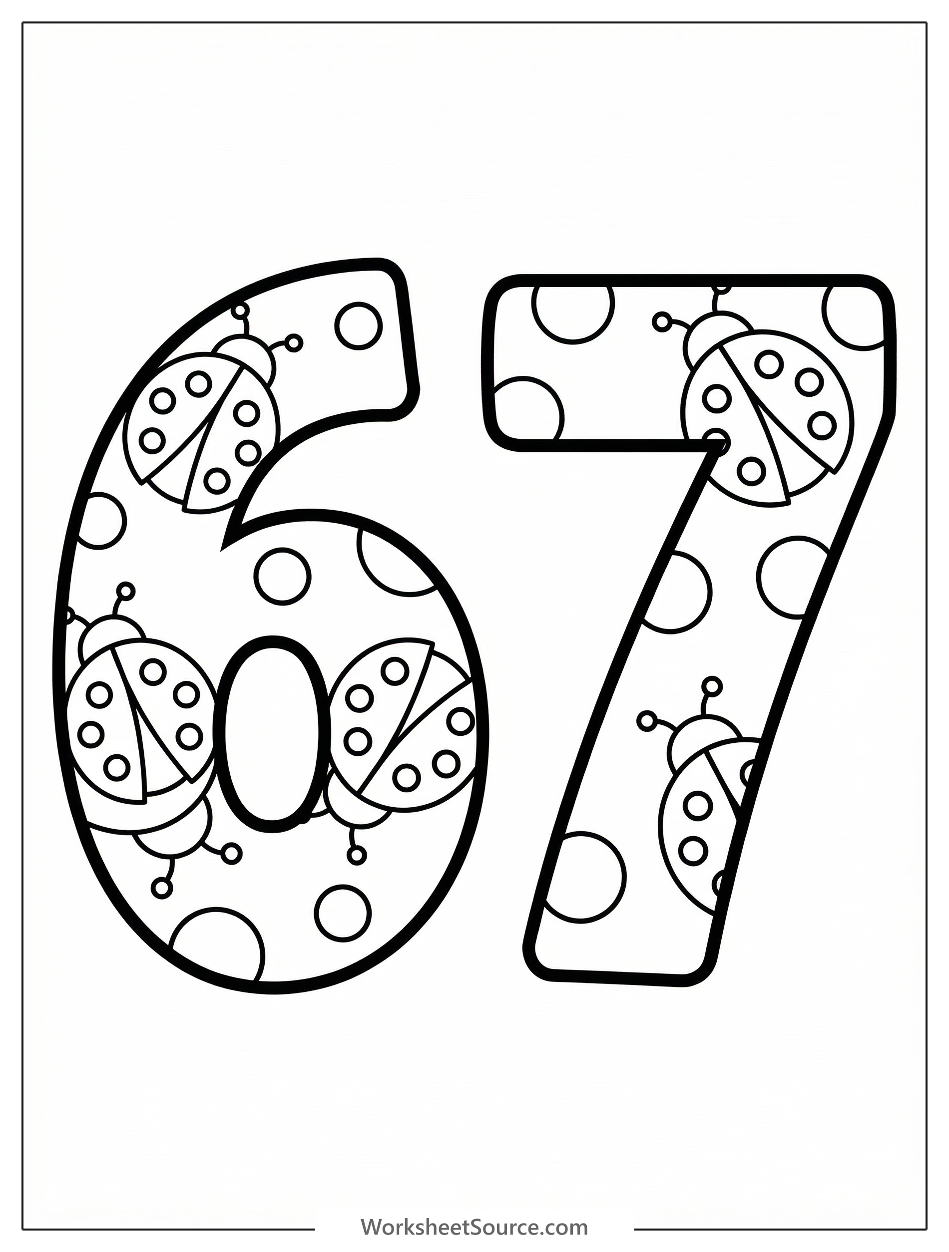 A large, bold number 67 outline for coloring, surrounded by numerous small ladybugs and decorative dots, all ready to be filled with vibrant colors.
