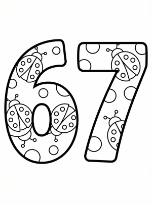A large, bold number 67 outline for coloring, surrounded by numerous small ladybugs and decorative dots, all ready to be filled with vibrant colors.
