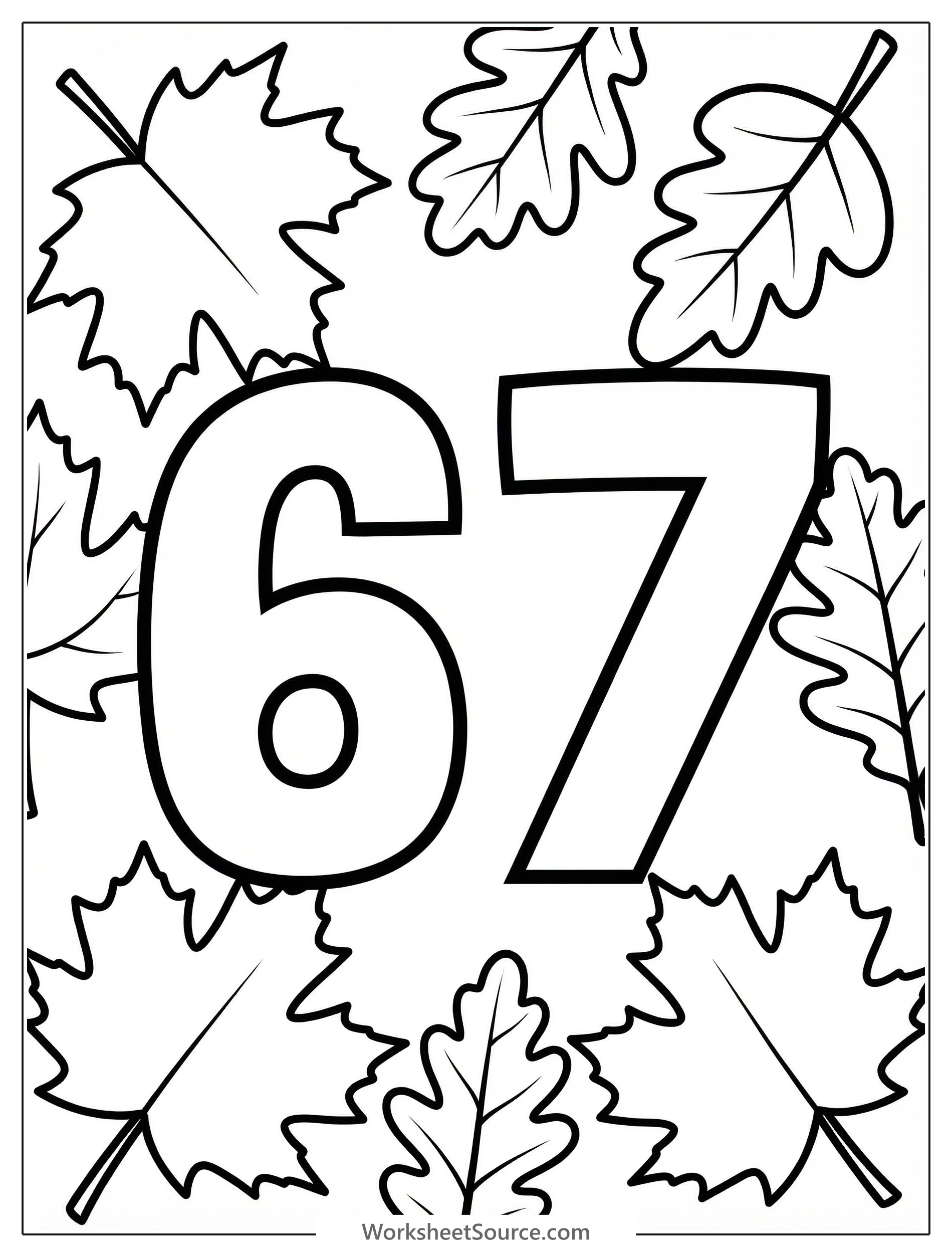 A large, bold outline of the number 67 for coloring. The number is surrounded by various autumn leaves, including oak and maple, with swirling patterns.