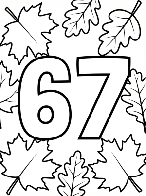 A large, bold outline of the number 67 for coloring. The number is surrounded by various autumn leaves, including oak and maple, with swirling patterns.