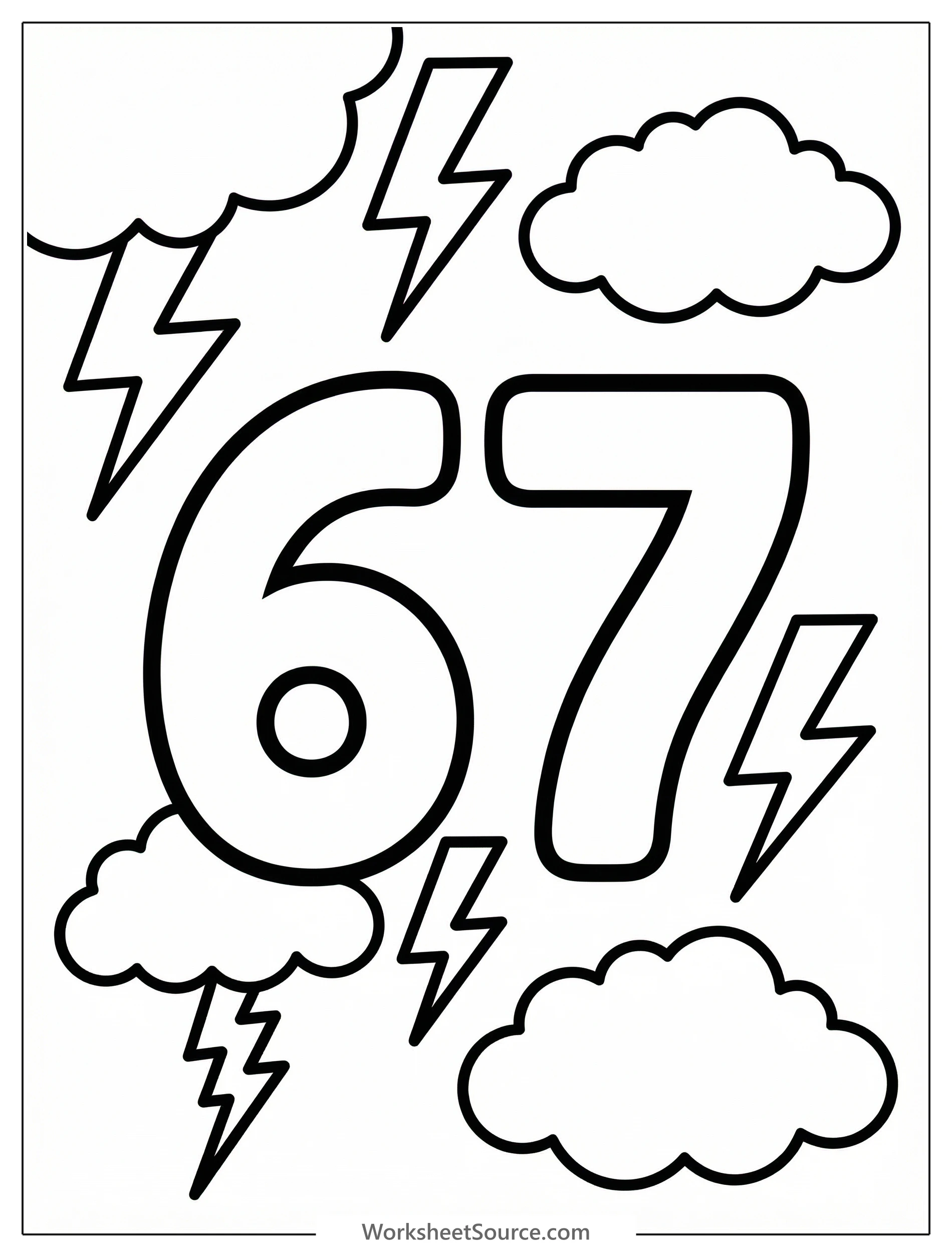 Bold number 67 outlined for coloring, surrounded by three large storm clouds and several striking lightning bolts, all ready for artistic expression.
