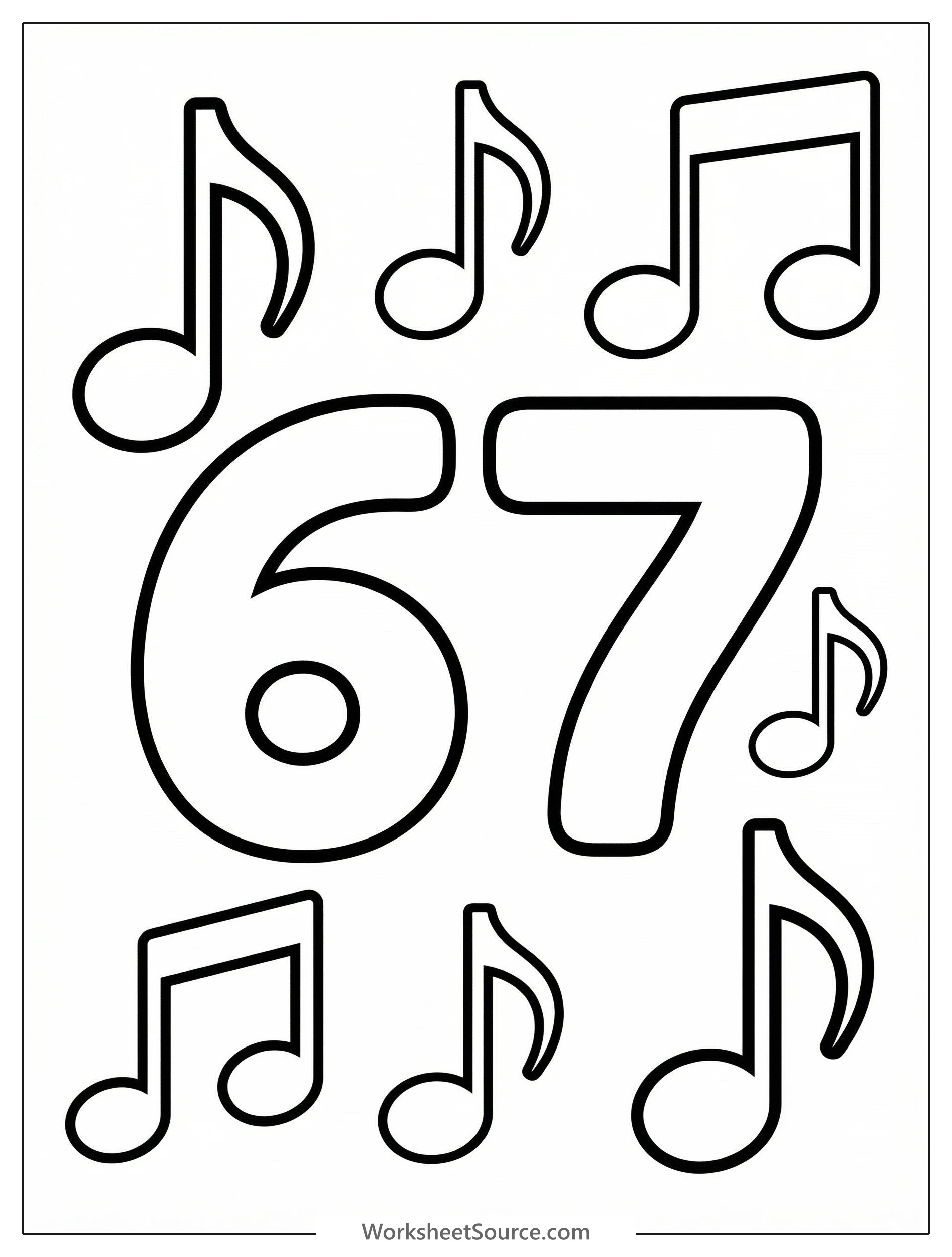 A black and white coloring page featuring a large, bold number 67 surrounded by various musical notes including a treble clef and eighth notes, designed for young artists.