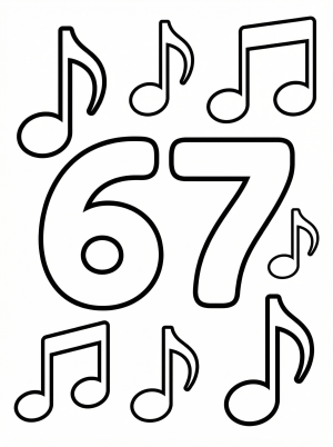 A black and white coloring page featuring a large, bold number 67 surrounded by various musical notes including a treble clef and eighth notes, designed for young artists.