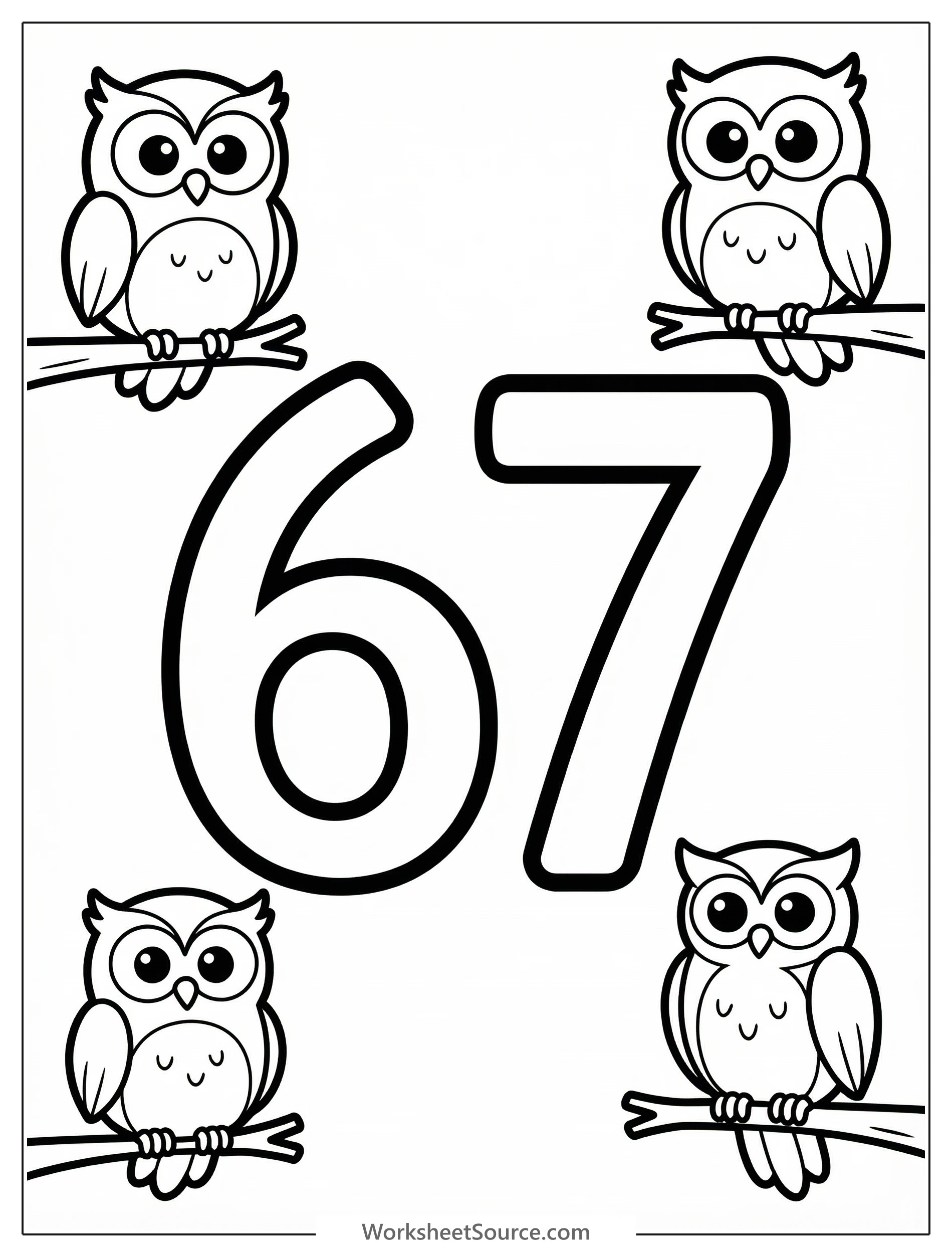 A bold, large outline of the number 67 for coloring, surrounded by three whimsical owls perched on branches with leaves. Printable for educational use.