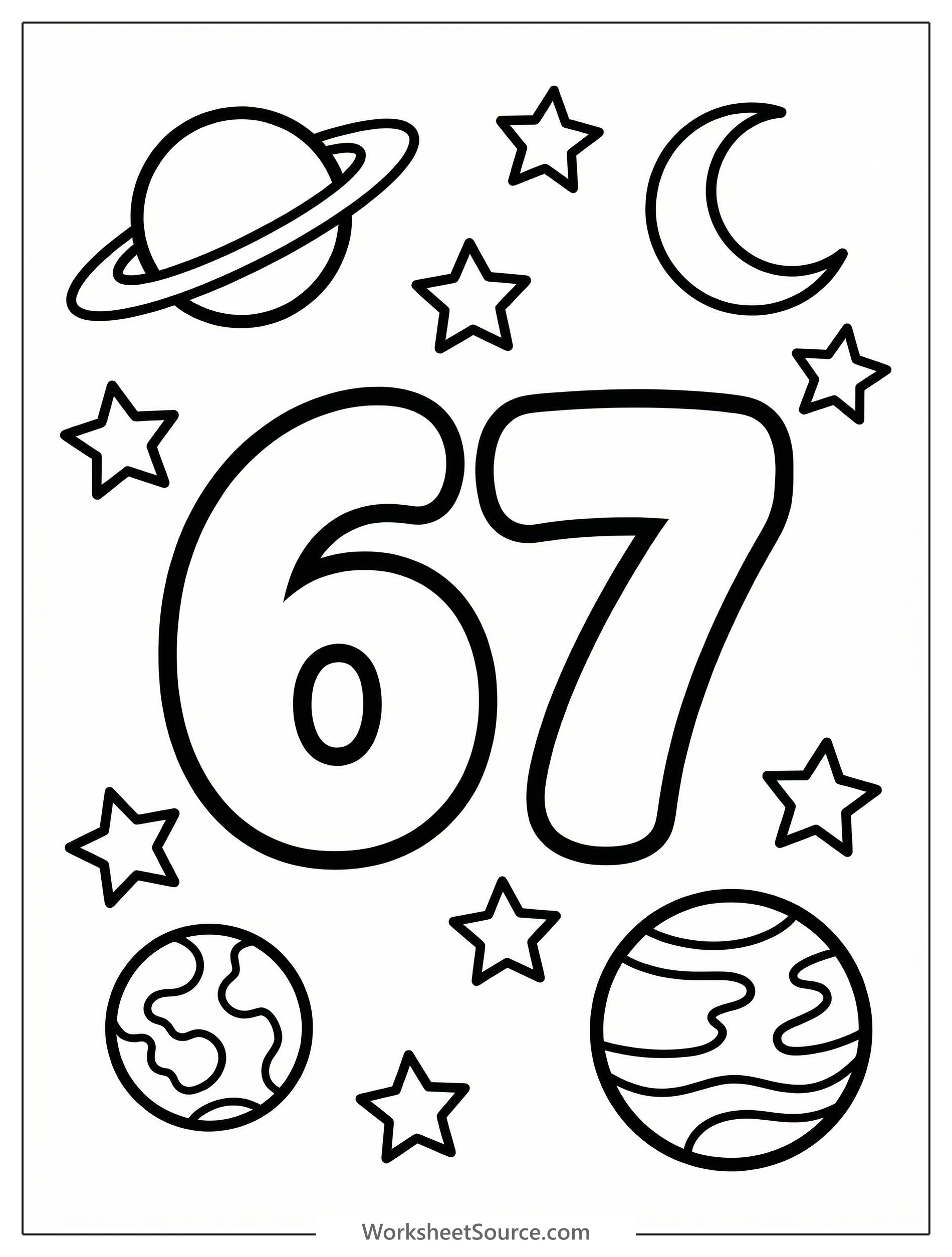 A large, bold number 67 outline for coloring, surrounded by various planets like Saturn and Earth, crescent moons, and sparkling stars in a detailed space theme.
