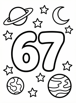 A large, bold number 67 outline for coloring, surrounded by various planets like Saturn and Earth, crescent moons, and sparkling stars in a detailed space theme.