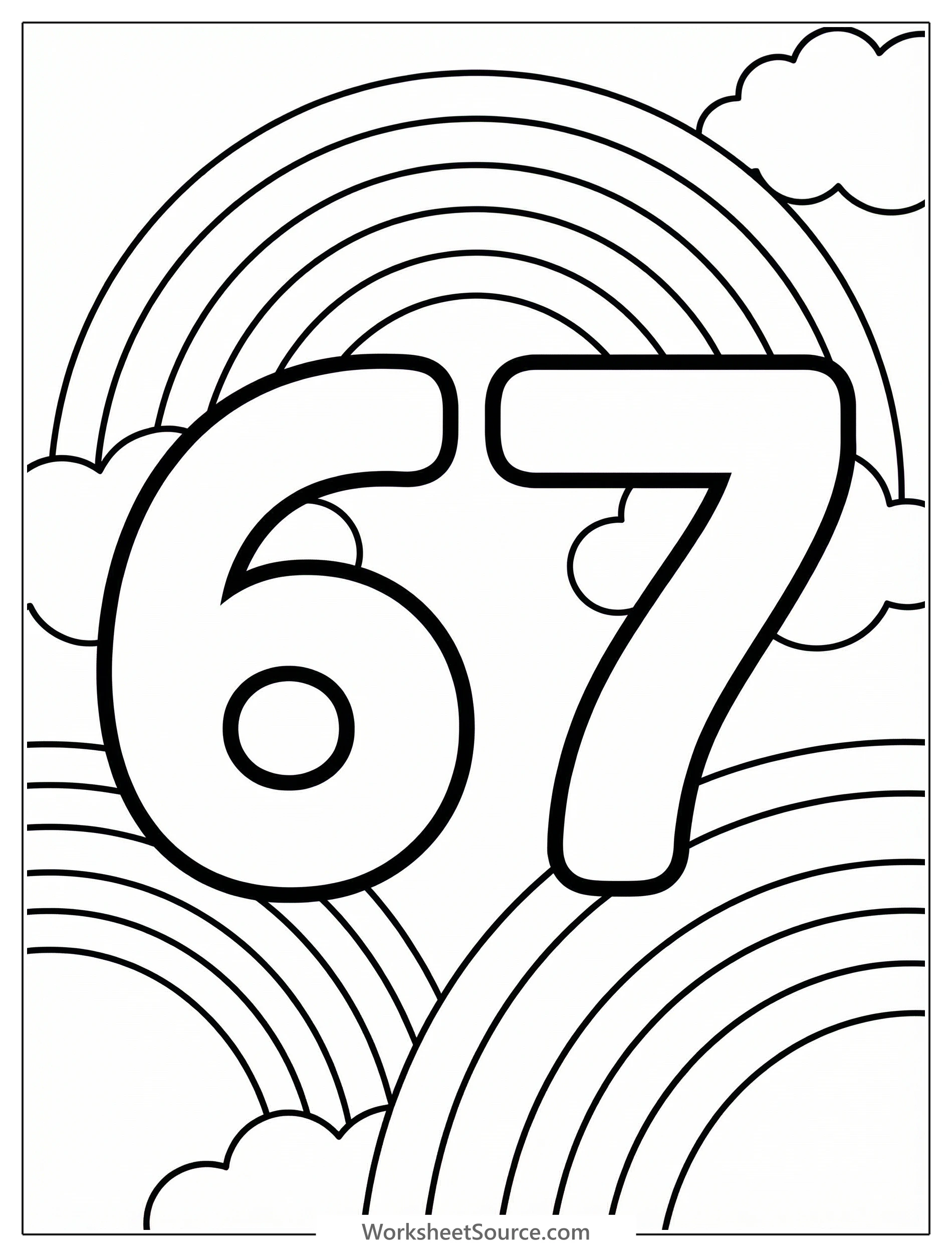 Large bold number 67 featuring a vibrant rainbow arching over and colorful clouds. The number is outlined for easy coloring, promoting visual learning.