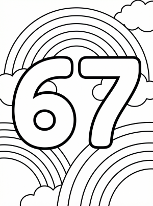 Large bold number 67 featuring a vibrant rainbow arching over and colorful clouds. The number is outlined for easy coloring, promoting visual learning.