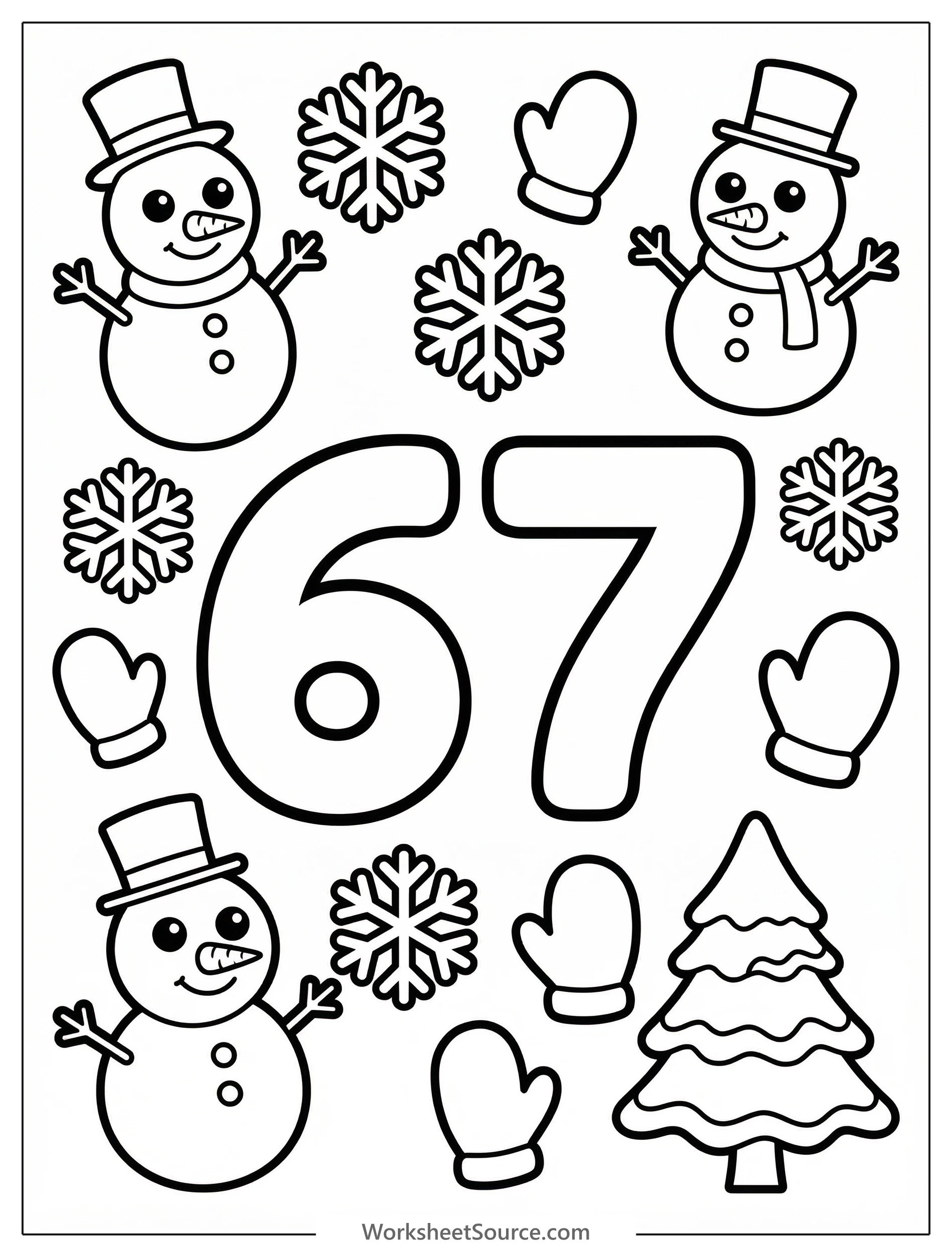 A large, bold number 67 outlined for coloring, surrounded by friendly snowmen, snowy trees, and falling snowflakes, creating a festive winter scene.