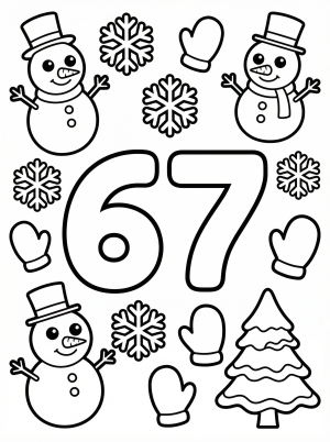 A large, bold number 67 outlined for coloring, surrounded by friendly snowmen, snowy trees, and falling snowflakes, creating a festive winter scene.