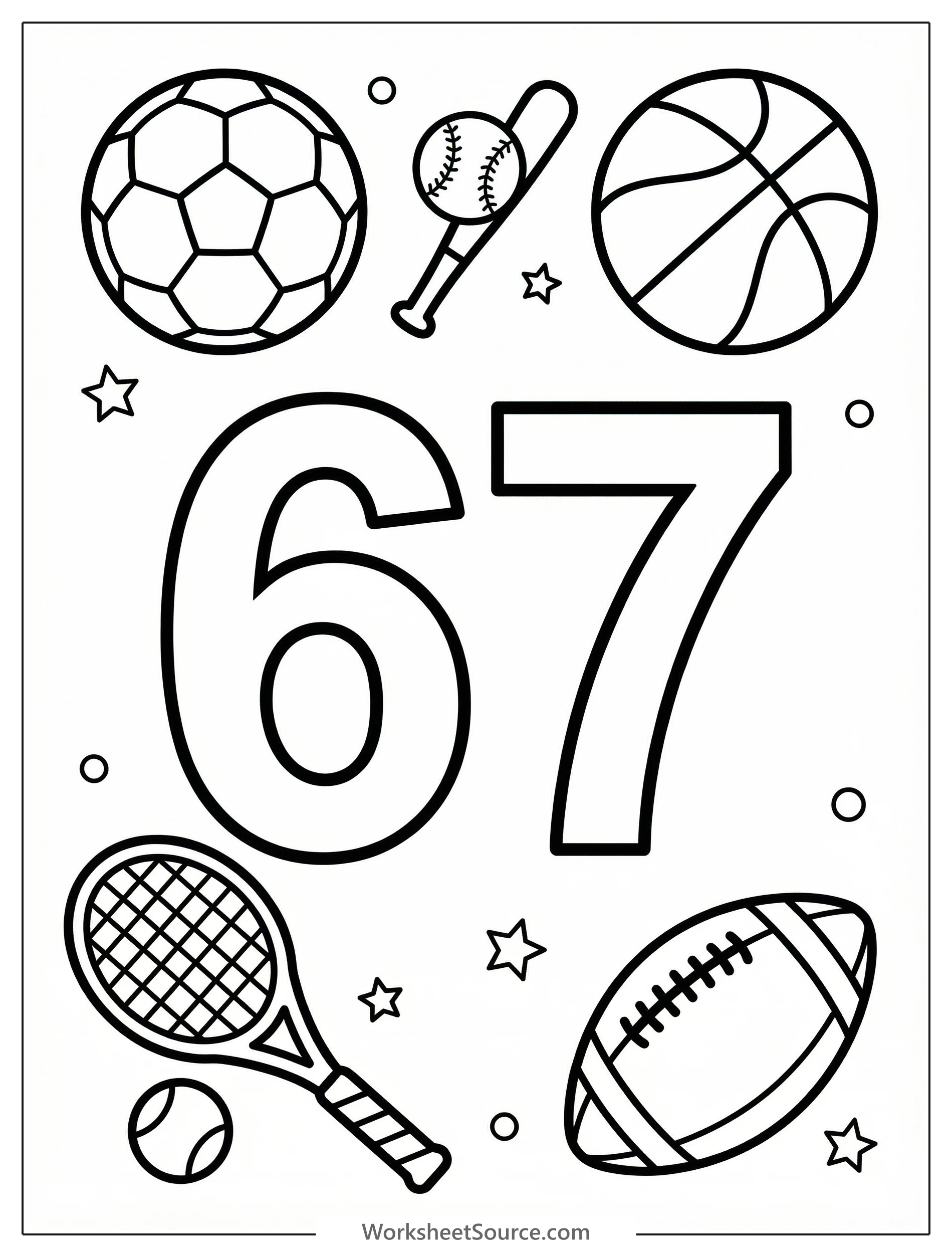 A large, bold number 67 outlined for coloring, surrounded by various sports items like a soccer ball, basketball, baseball bat, and football, ready for creative expression.