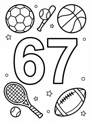 A large, bold number 67 outlined for coloring, surrounded by various sports items like a soccer ball, basketball, baseball bat, and football, ready for creative expression.