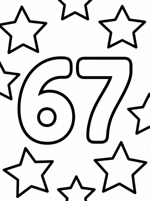Large bold number 67 outlined for coloring, surrounded by various sizes of scattered stars on a white background, ready for creative expression.